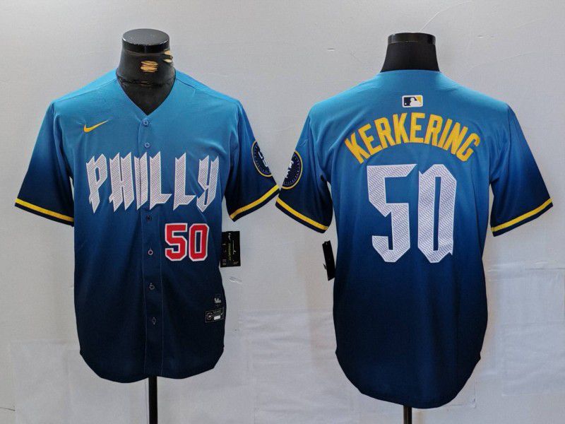 Men Philadelphia Phillies #50 Kerkering Blue City Edition Nike 2024 MLB Jersey style 4